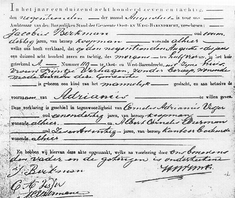 Bith-certificate Adrianus 1887