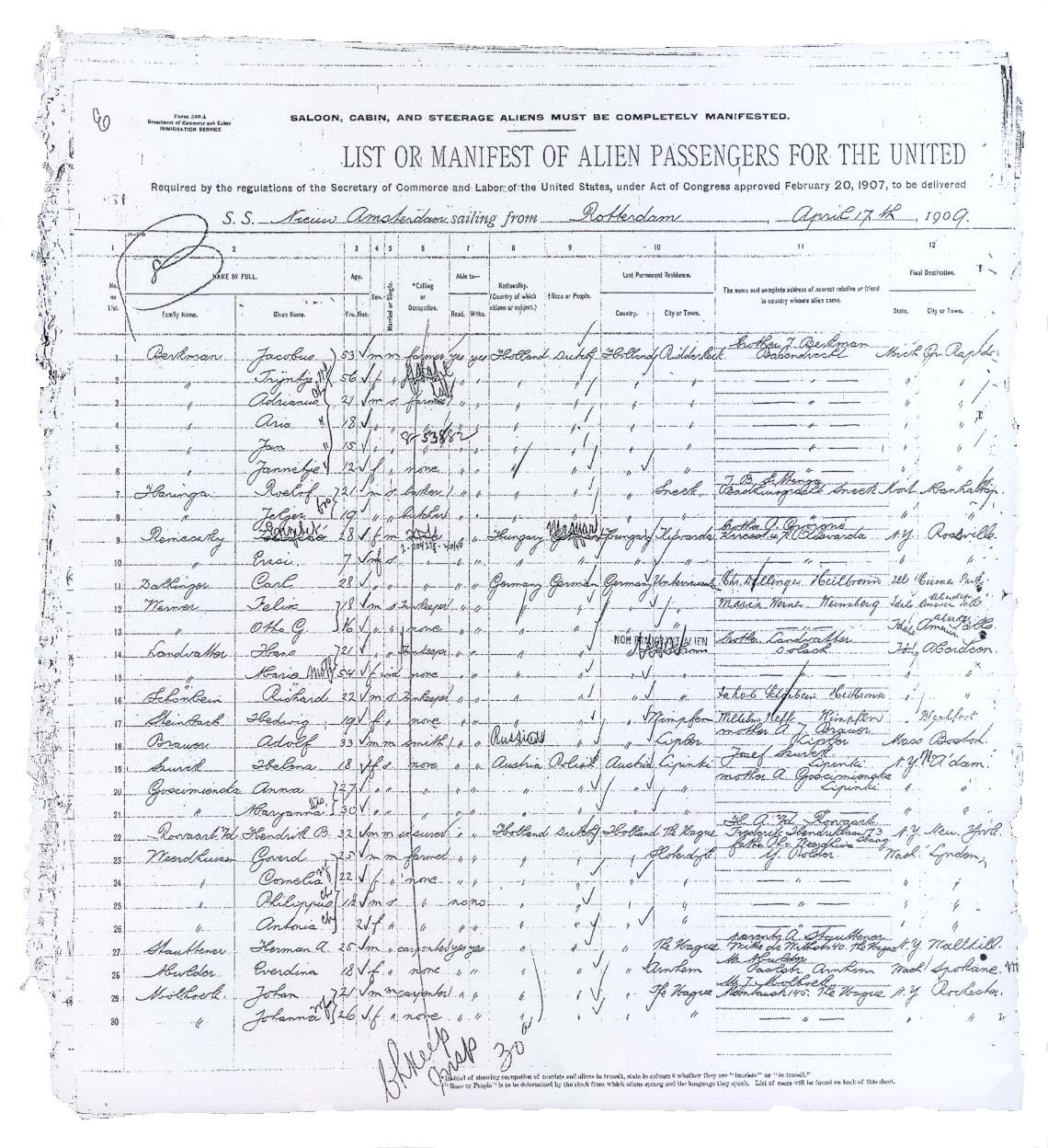 Manifest Immigration Officer 4-27-1909